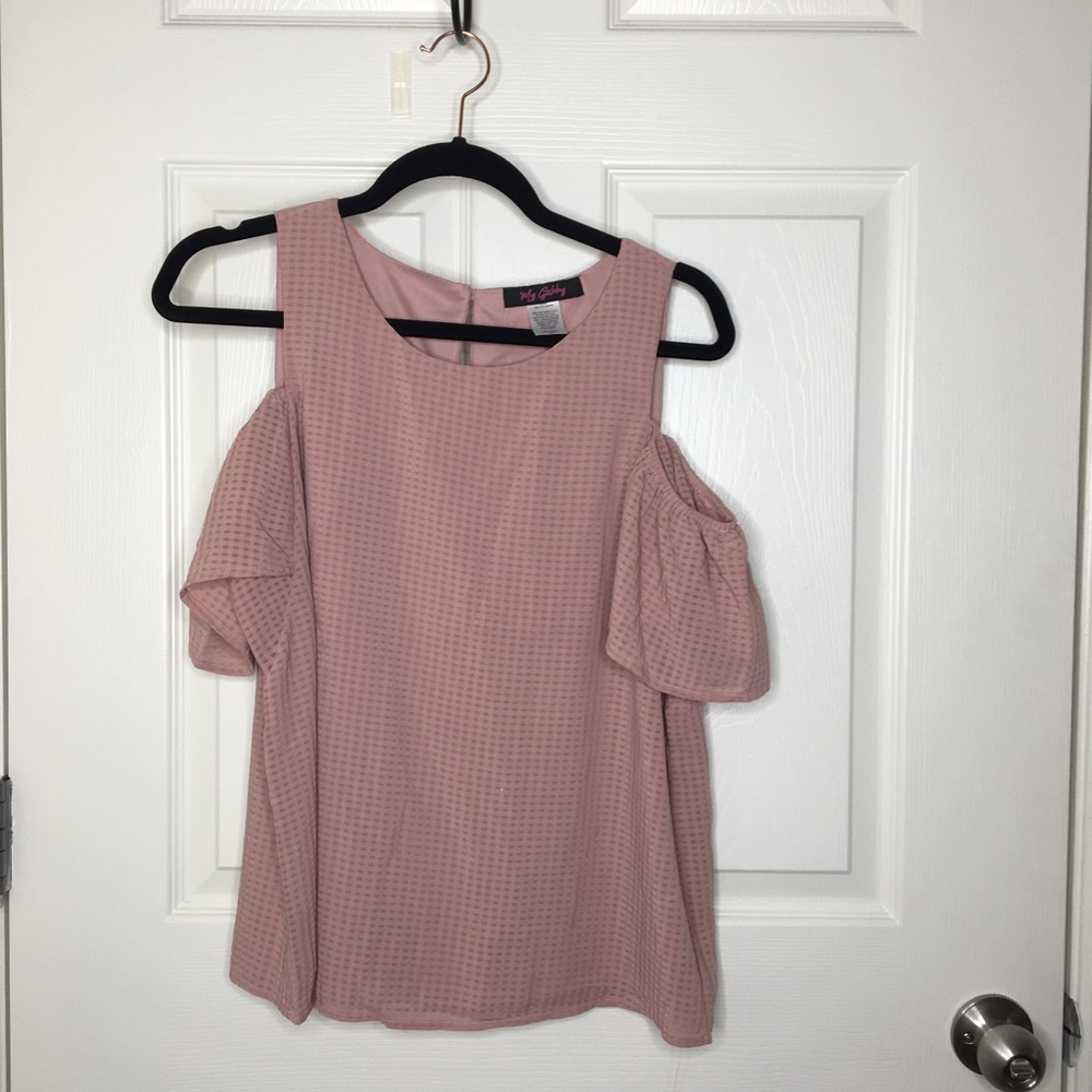 Pink checkered cold shoulder top